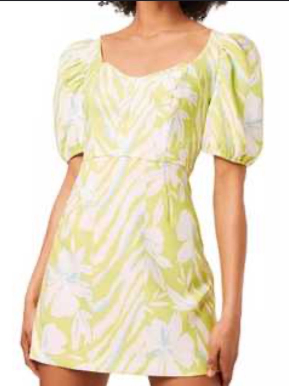 French Connection Lime & White Floral Puff-Sleeve Mini Dress